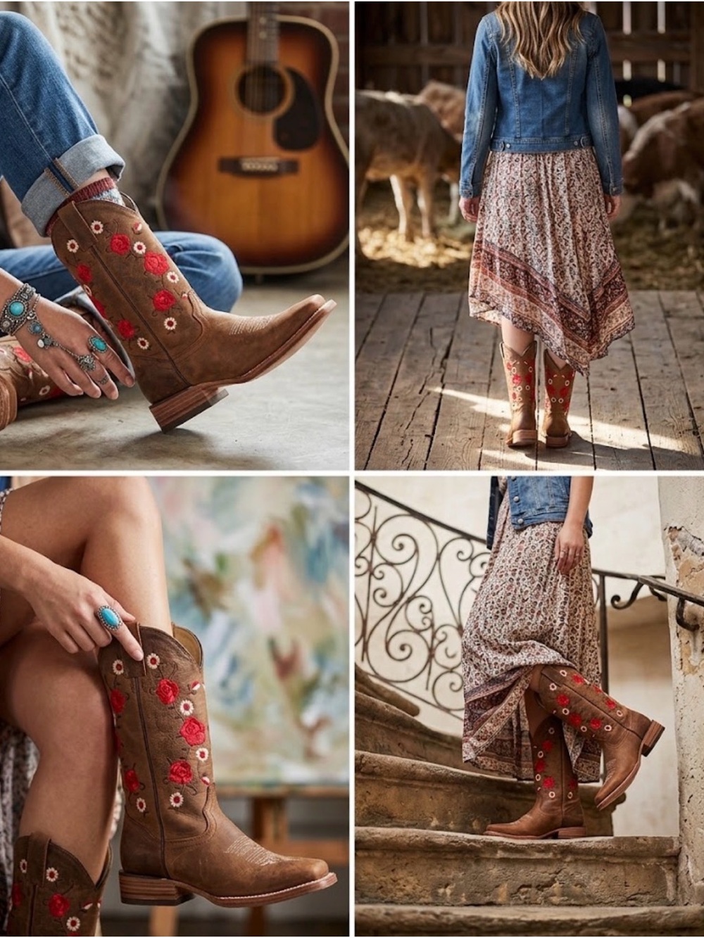 Brown Floral Embroidered Western Boots - Women